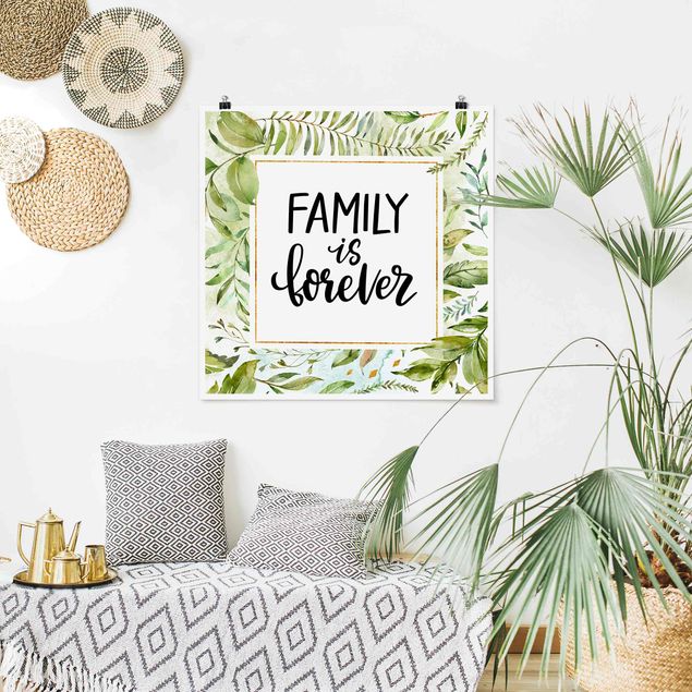 Wandbilder Floral Family is forever in goldenem Rahmen mit Palmenwedeln