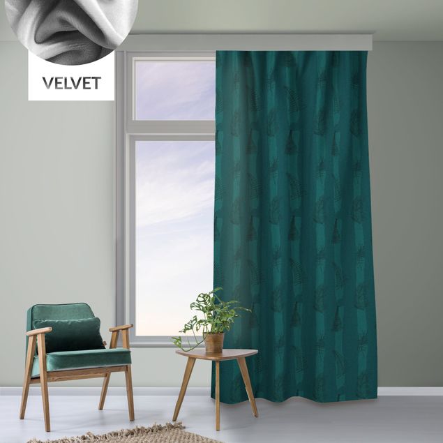 Vorhang Muster Farn Illustration mit Streifen - Dunkle Jade