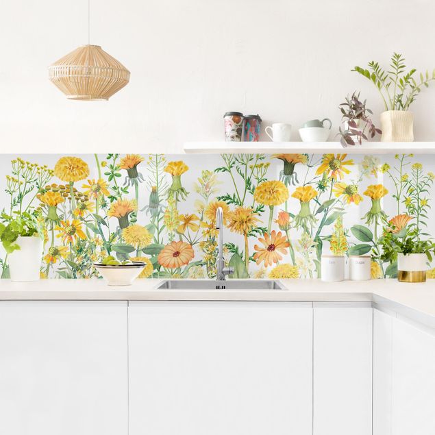 Küchenrückwände Blumen Aquarellierte Blumenwiese in Gelb