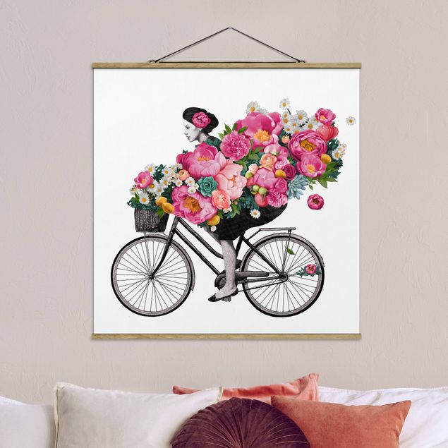Küchen Deko Illustration Frau auf Fahrrad Collage bunte Blumen