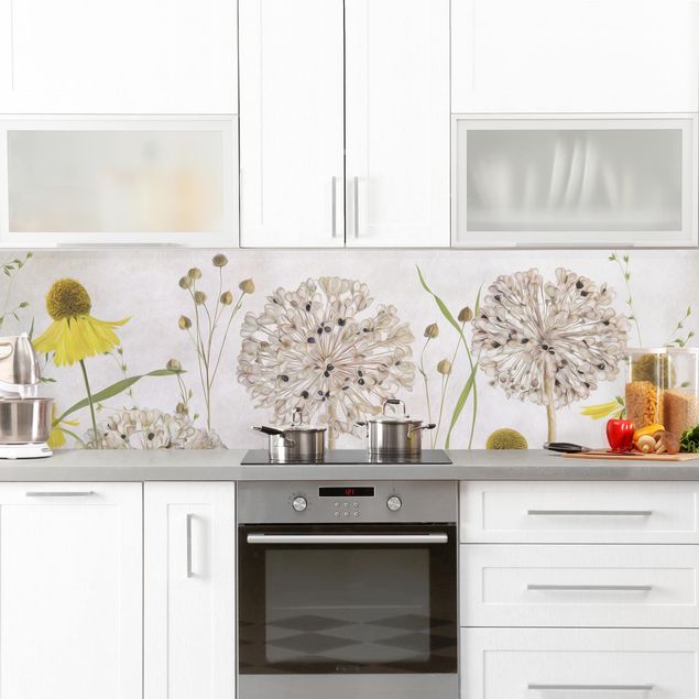 Küchenrückwand Folie Blumen Allium und Helenium Illustration