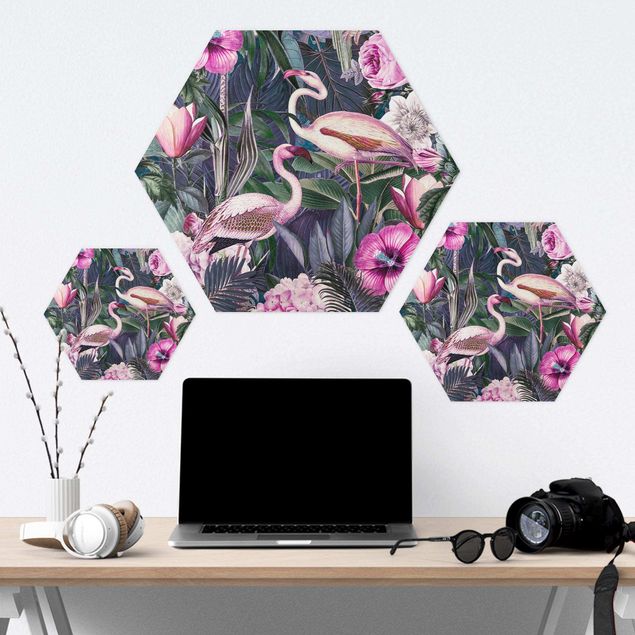 Hexagon Bilder Bunte Collage - Pinke Flamingos im Dschungel