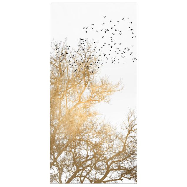 Vorhang Raumtrenner Vogelschwarm vor goldenem Baum
