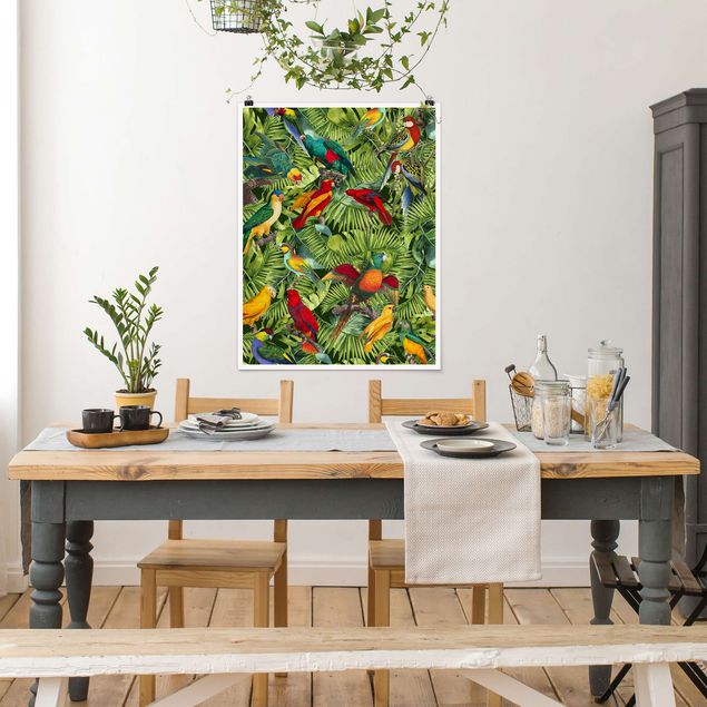 Poster mit Blumen Bunte Collage - Papageien im Dschungel