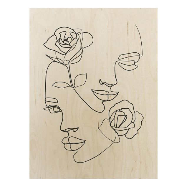 Holzbild Blumen Line Art Gesichter Frauen Rosen Schwarz Weiß