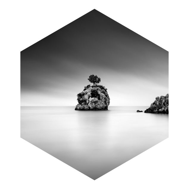 Fototapeten Blau Felseninsel im Meer Schwarz-Weiß