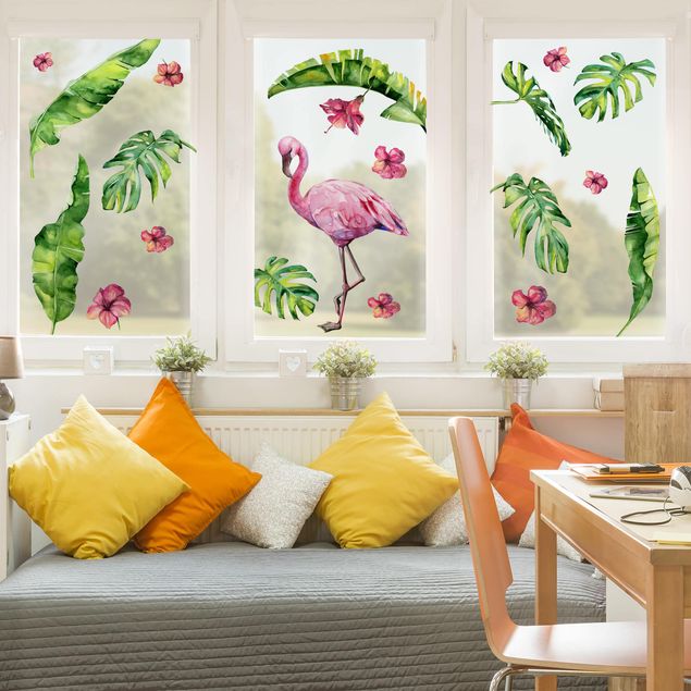 Fensterbilder Blumen Dschungel Flamingo Blätter Set
