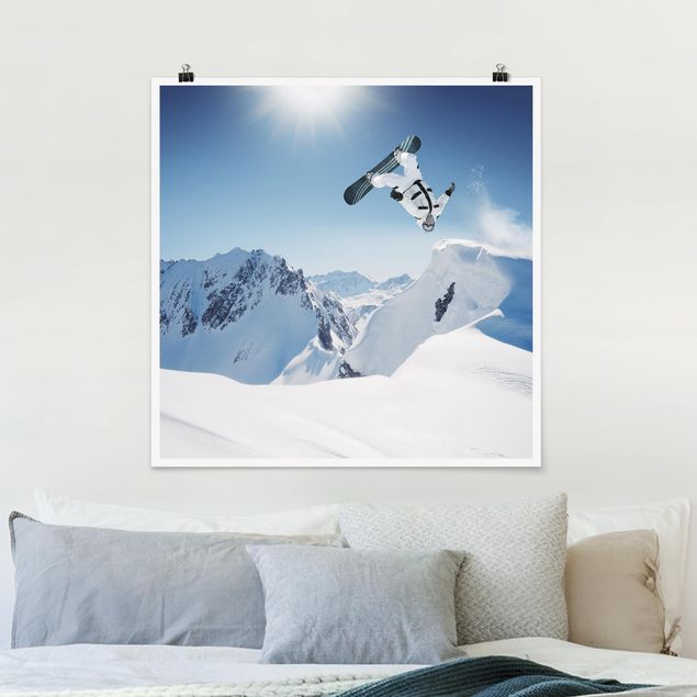 Wandbilder Berge Fliegender Snowboarder