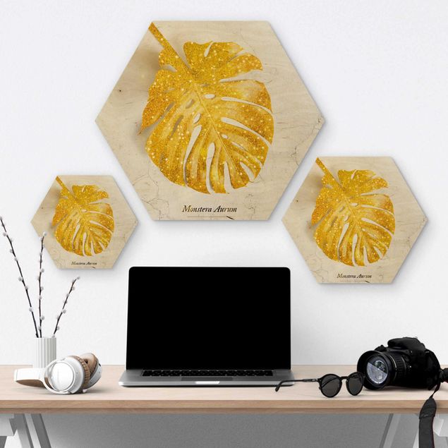 Hexagon Bild Holz - Gold - Monstera Aurum