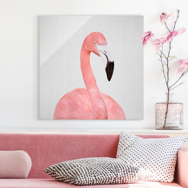 Glasbild schwarz-weiß Flamingo Fabian