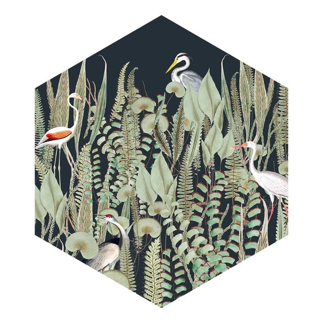 Landhaus Tapete Flamingo und Storch mit Pflanzen auf Grün