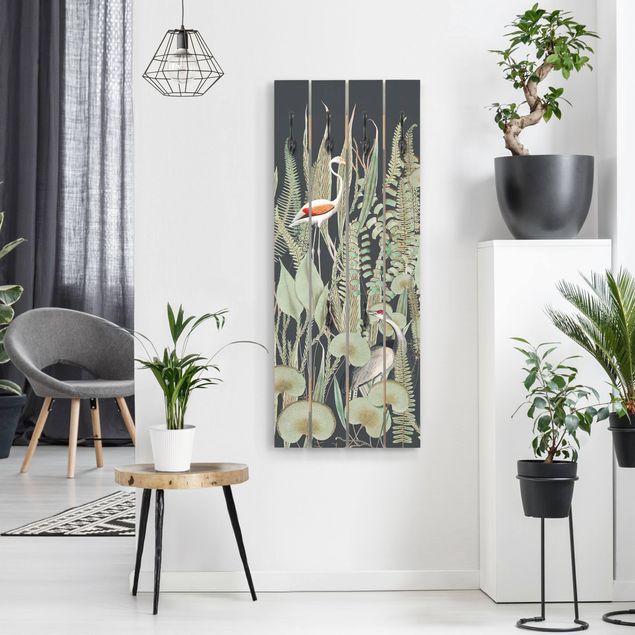 Garderobe Landhausstil Flamingo und Storch mit Pflanzen auf Grün