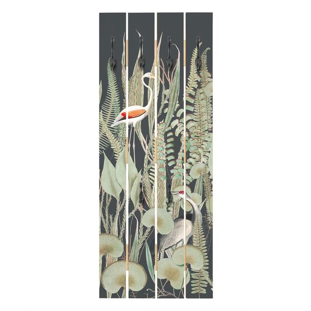 Wandgarderobe grün Flamingo und Storch mit Pflanzen auf Grün