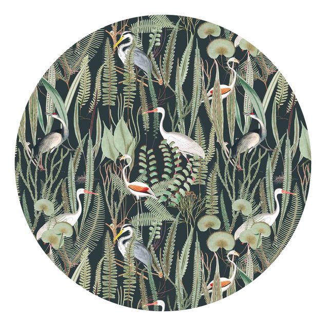 Mustertapeten Flamingos und Störche mit Pflanzen auf Grün