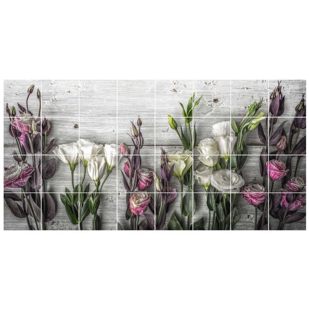 Fliesenfolie Holzoptik Tulpen-Rose Shabby Holzoptik