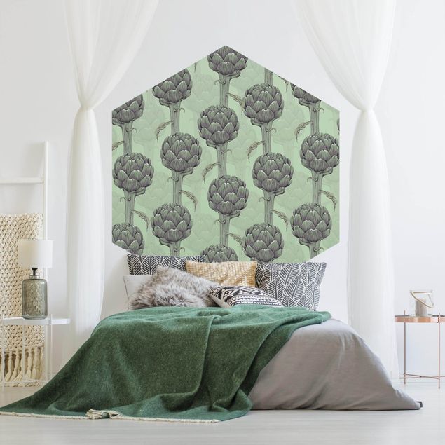 Hexagon Tapete Florale Eleganz Artischocke mit Grünverlauf XXL