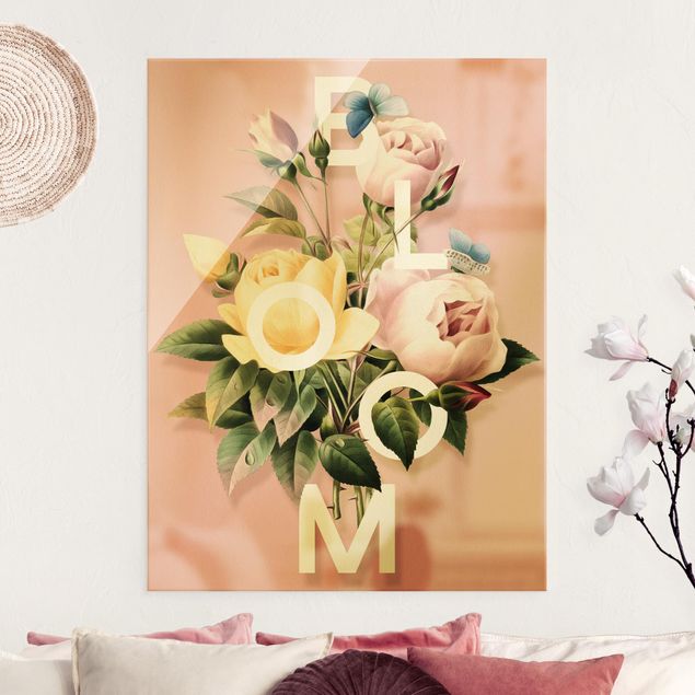 Glasbilder Rosen Florale Typografie - Bloom
