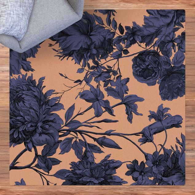 Teppich Vintage Floraler Kupferstich Geflecht Nachtblau