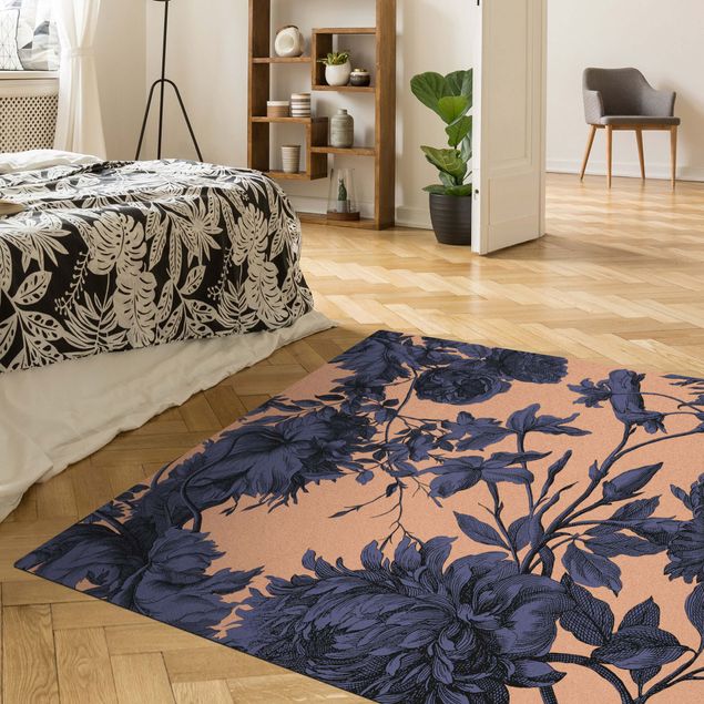 Moderne Teppiche Floraler Kupferstich Geflecht Nachtblau