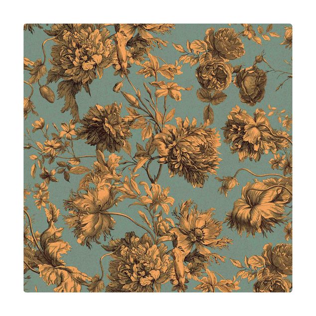 Teppich Esszimmer Floraler Kupferstich Goldblau