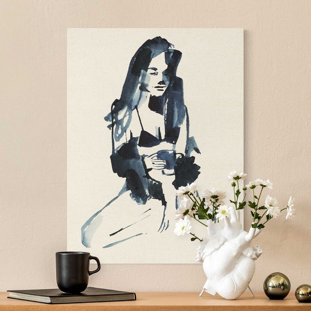 Wandbilder Portrait Frau in blauer Tusche mit Kaffee