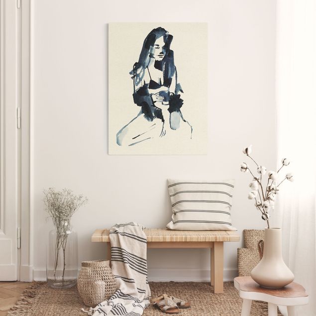 Wandbilder Modern Frau in blauer Tusche mit Kaffee