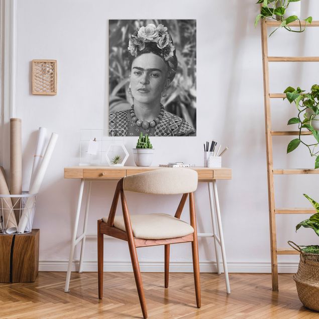 schwarz-weiß Bilder auf Leinwand Frida Kahlo Foto Portrait mit Blumenkrone
