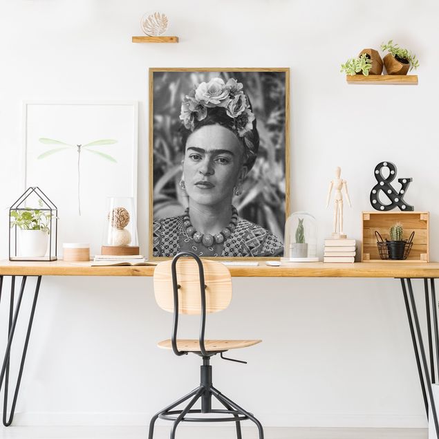 Wandbilder Kunstdrucke Frida Kahlo Foto Portrait mit Blumenkrone