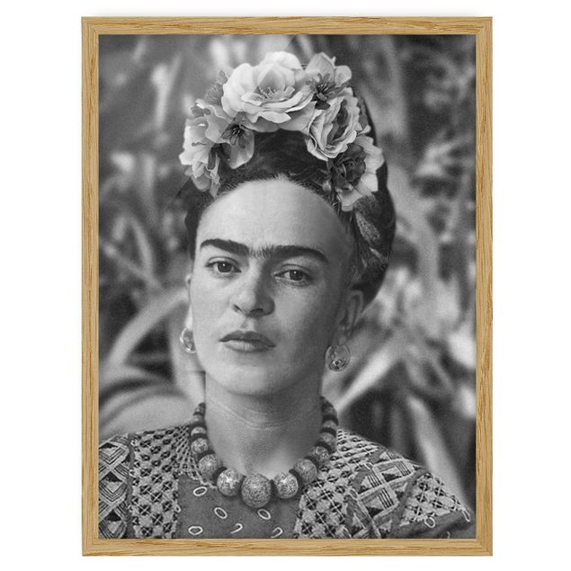 Gerahmte Bilder Kunstdrucke Frida Kahlo Foto Portrait mit Blumenkrone