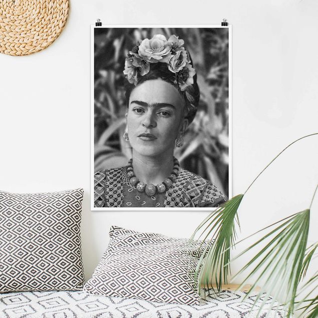 schwarz-weiß Poster Frida Kahlo Foto Portrait mit Blumenkrone