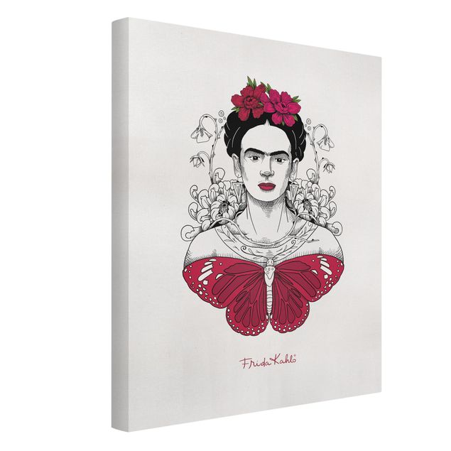Wandbilder Kunstdrucke Frida Kahlo Portrait mit Blüten und Schmetterling