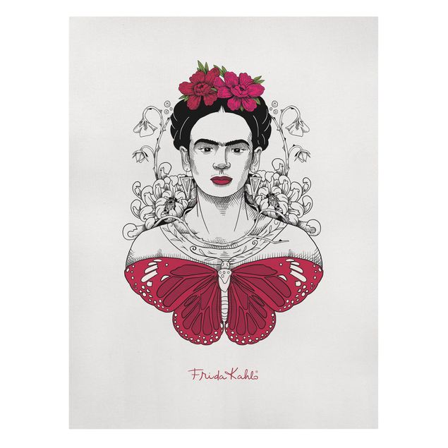 Leinwand Tiere Frida Kahlo Portrait mit Blüten und Schmetterling