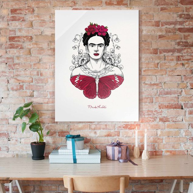 Wandbilder Schmetterlinge Frida Kahlo Portrait mit Blüten und Schmetterling