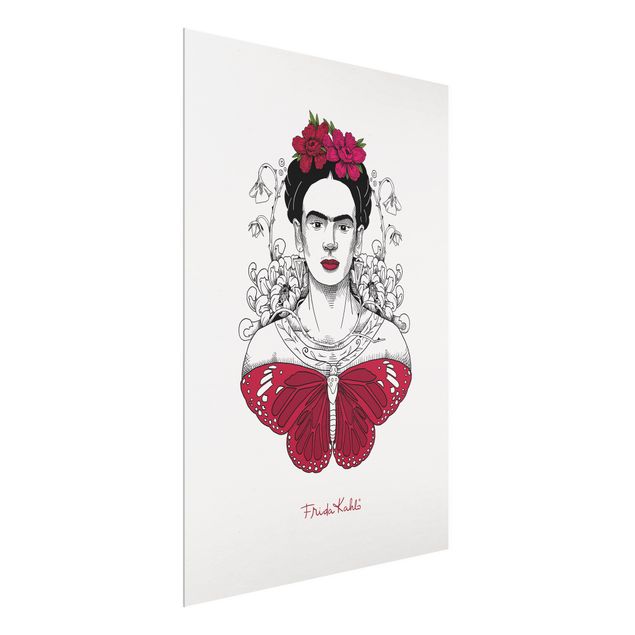 Wandbilder Portrait Frida Kahlo Portrait mit Blüten und Schmetterling