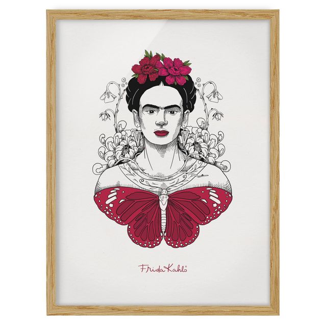 Wandbilder Portrait Frida Kahlo Portrait mit Blüten und Schmetterling