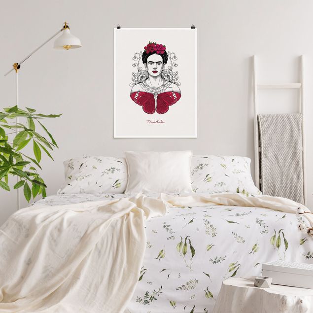 Poster Kunstdruck Frida Kahlo Portrait mit Blüten und Schmetterling