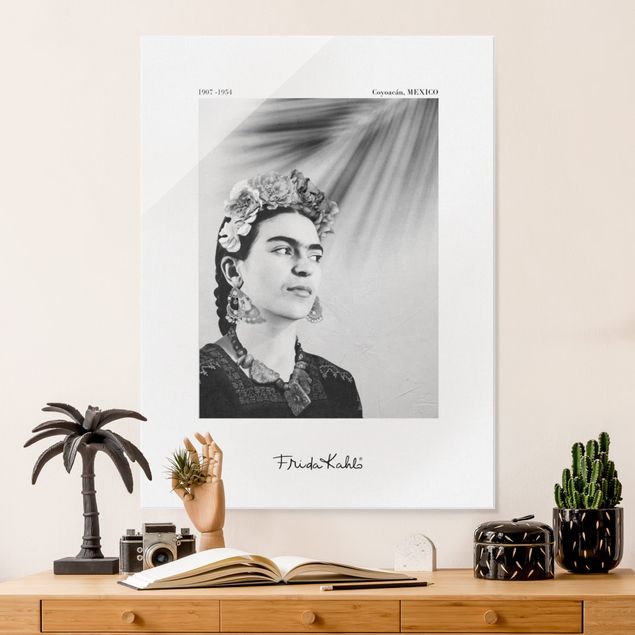 schwarz weiß Glasbilder Frida Kahlo Portrait mit Schmuck