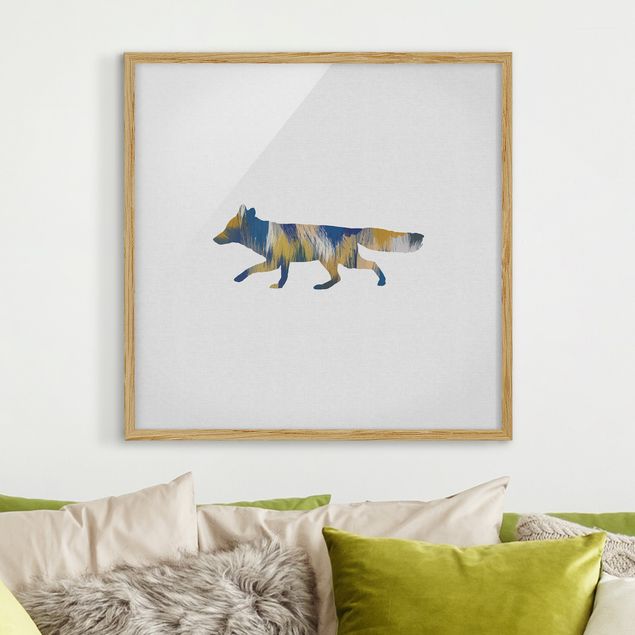 Gerahmte Bilder Tiere Fuchs in Blau und Gelb