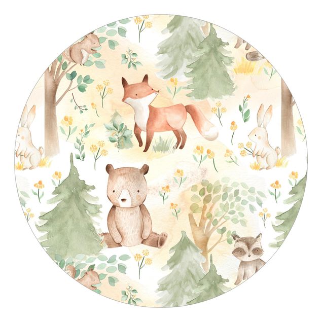 Runde Tapete selbstklebend - Fuchs und Hase mit Bäumen