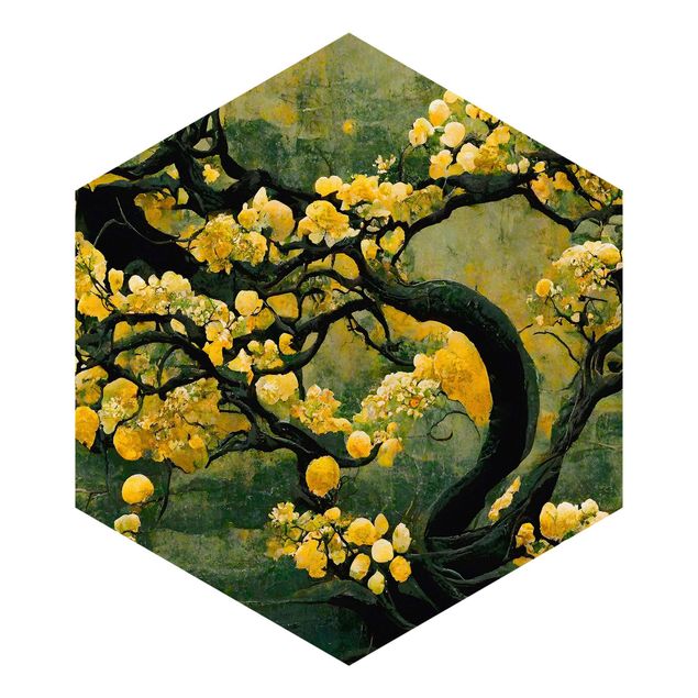 Hexagon Tapete selbstklebend - Gelber Baum