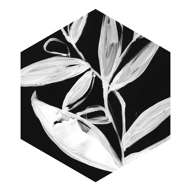 Hexagon Mustertapete selbstklebend - Gemalte Blätter auf Schwarz