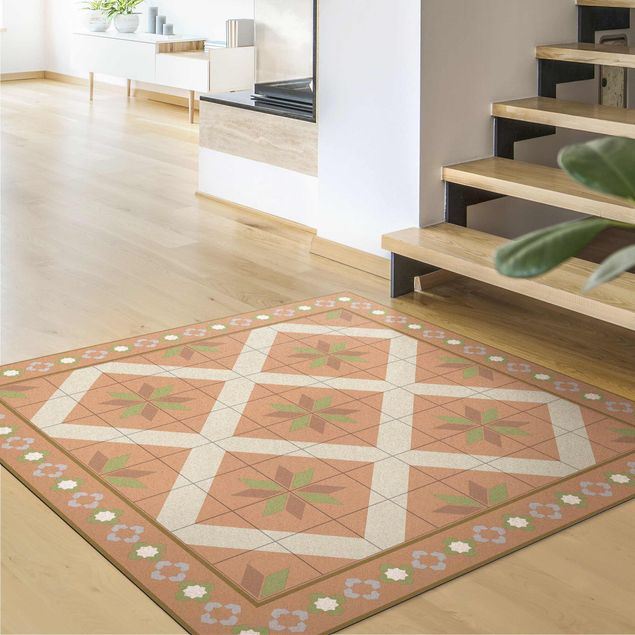 Moderne Teppiche Geometrische Fliesen Rautenblüte Olivgrün mit Bordüre