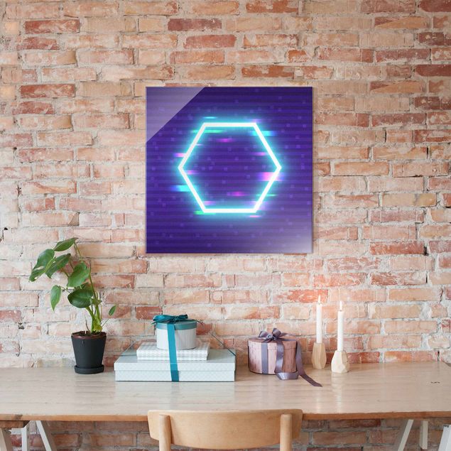 Wandbilder Lila Geometrisches Hexagon in Neonfarben