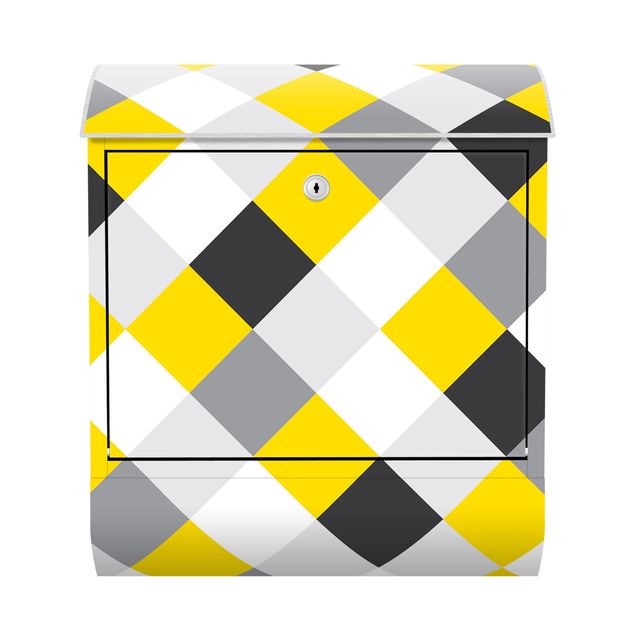 Postkasten gelb Geometrisches Muster gedrehtes Schachbrett Gelb