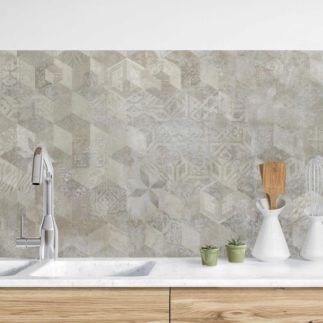 Küchenrückwände Fliesenoptik Geometrisches Vintage Muster mit Ornamenten Beige