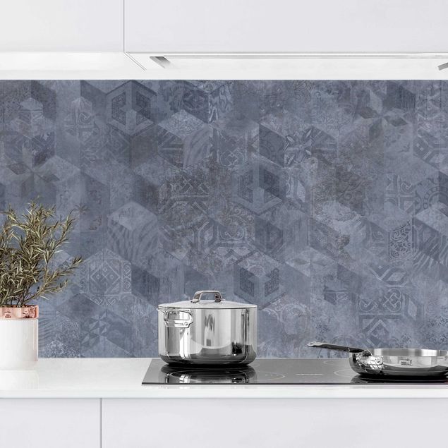 Küchenrückwand Folie Fliesenoptik Geometrisches Vintage Muster mit Ornamenten Blau