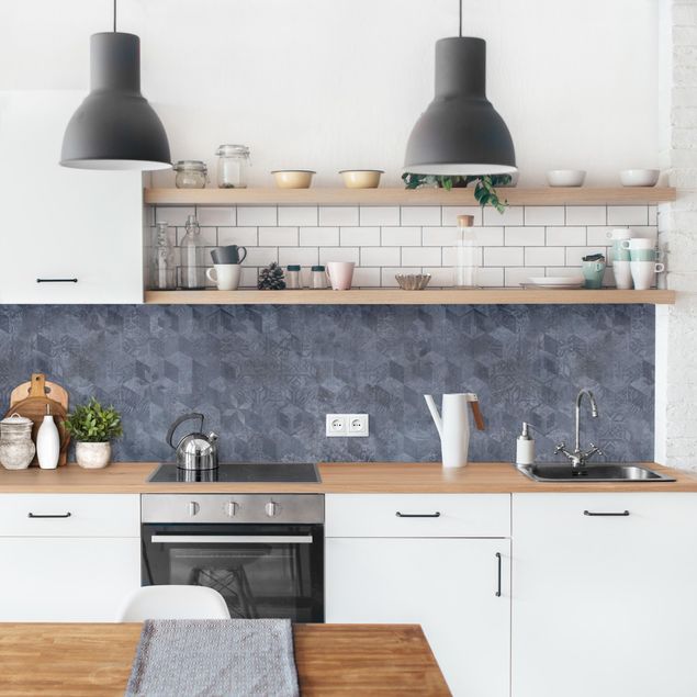 Glasrückwand Küche Geometrisches Vintage Muster mit Ornamenten Blau