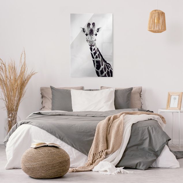 Glasbild schwarz-weiß Giraffen Portrait in Schwarz-weiß