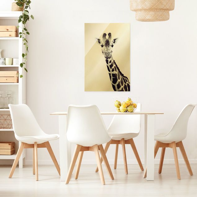 Glasbild schwarz-weiß Giraffen Portrait in Schwarz-weiß