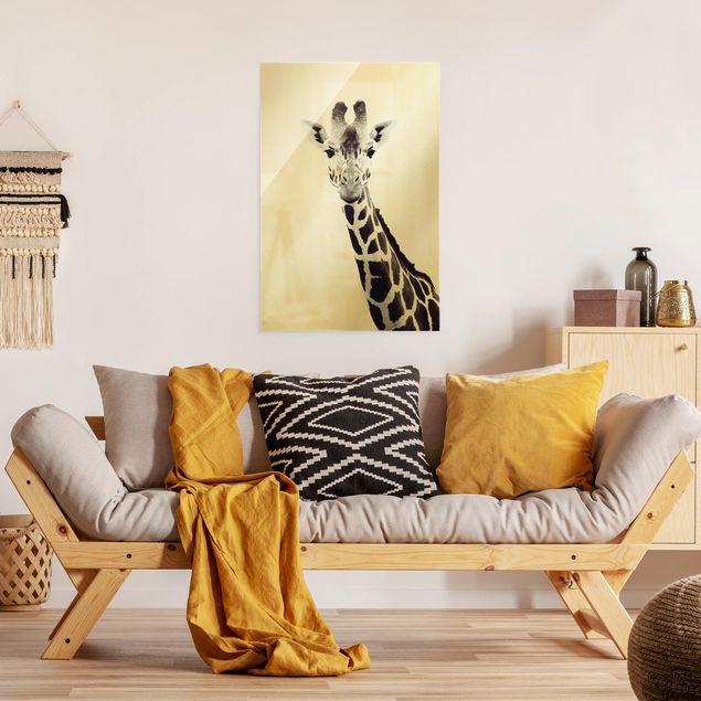 Glasbilder Tiere Giraffen Portrait in Schwarz-weiß